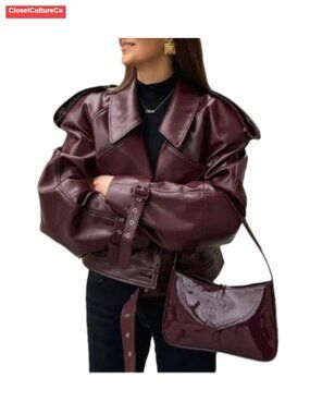 Faux Leather Motorcycle Jacket Long Sleeve Oversized Retro Collar Casual Coat
